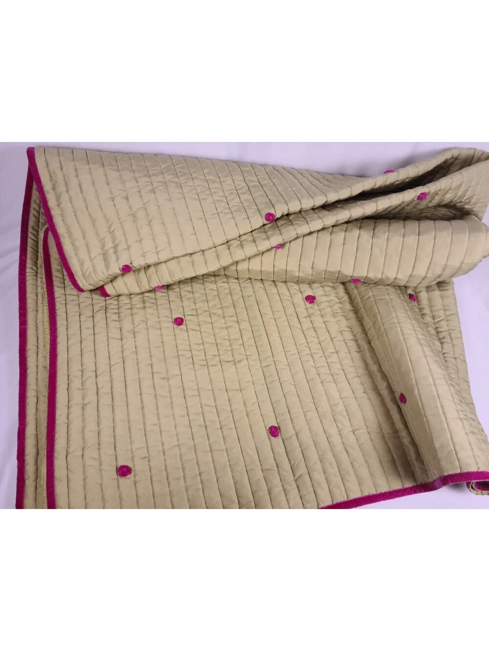 Pottery Barn Green Silk Quilt With Pink Flowers Twin